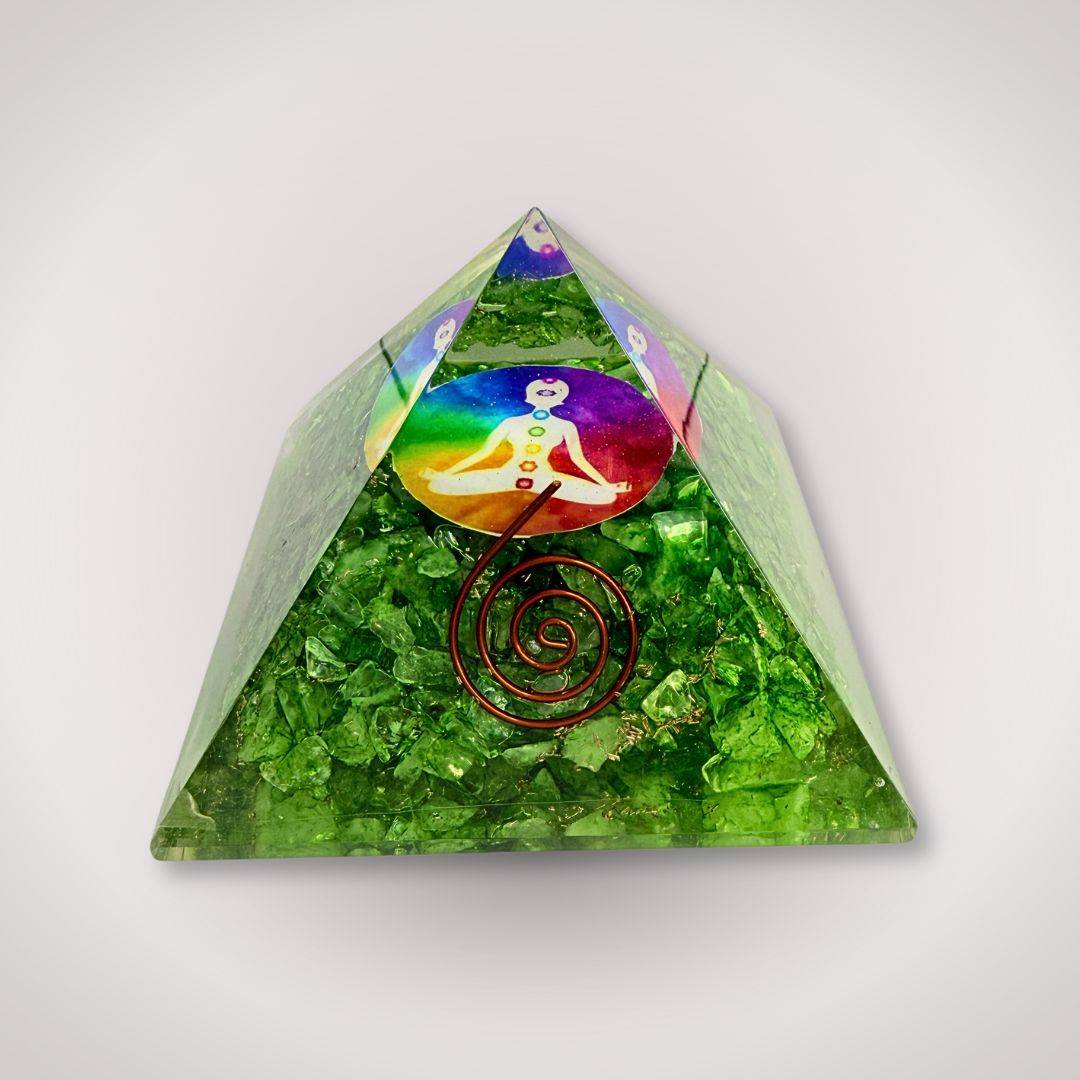 Green Quartz Chakra Orgonite Pyramid with copper coil and chakra figure, ideal for energy alignment and spiritual home decor.