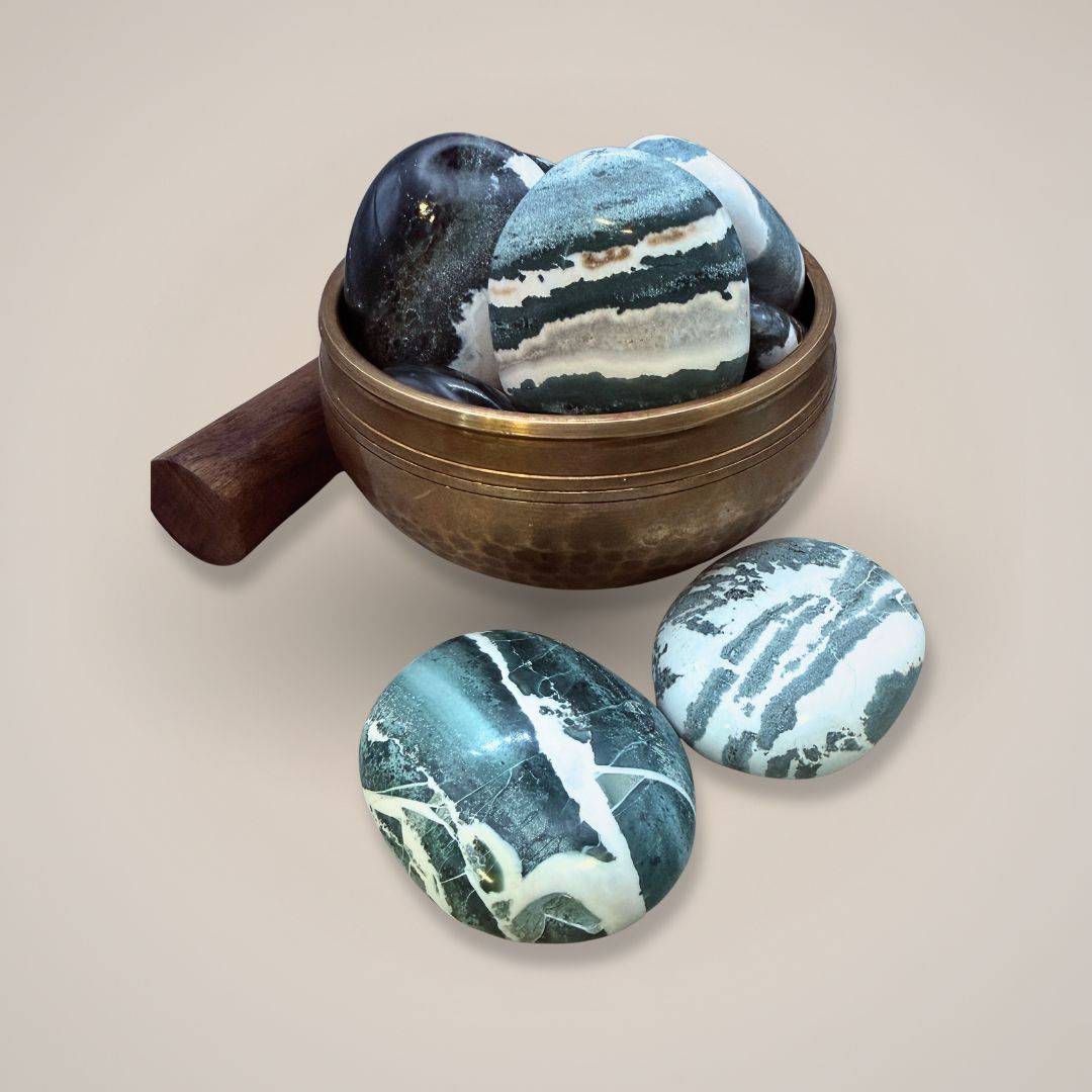 Green Zebra Jasper palm stone in medium size for meditation and grounding