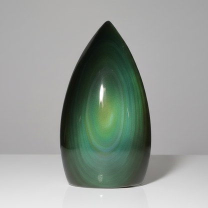 Rainbow Obsidian Freeform Flame showing vibrant green, teal, and blue sheen in polished finish.