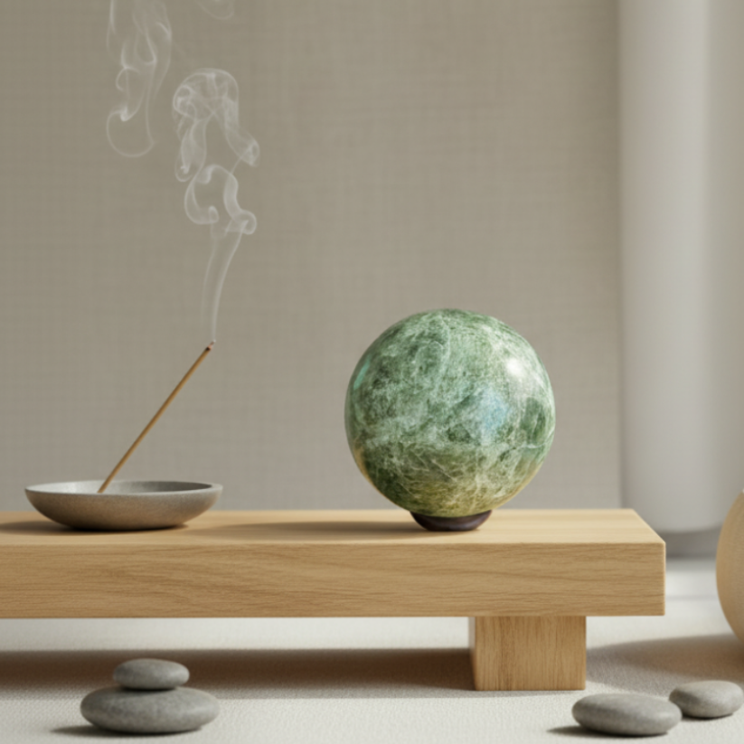 Green infinite stone sphere in meditation space