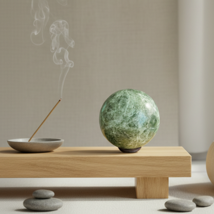 Green infinite stone sphere in meditation space