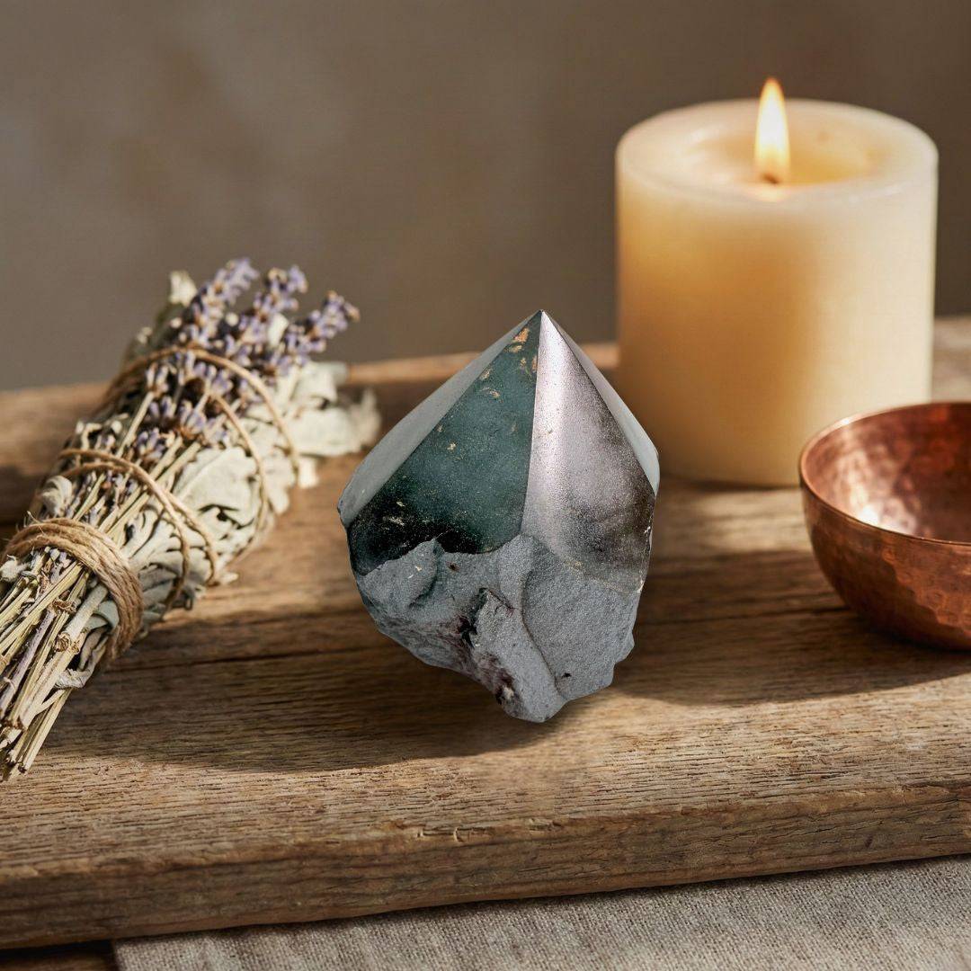 Hematite top polish point tower displayed with candle, sage, and copper bowl, enhancing grounding and stability in spiritual decor.