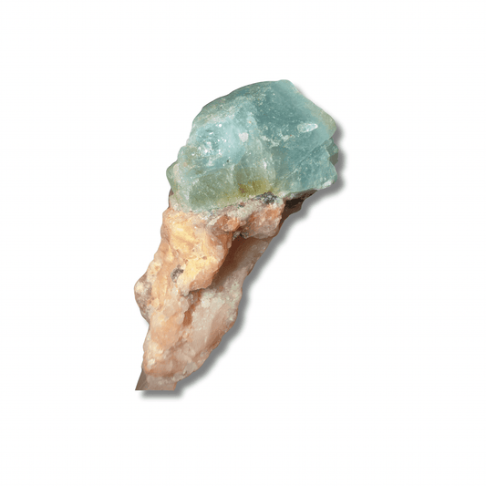 Brazil Gem Trio featuring raw Aquamarine, Peach Moonstone, and Pink Tourmaline in natural formation. Ideal for gemstone collectors and crystal lovers.