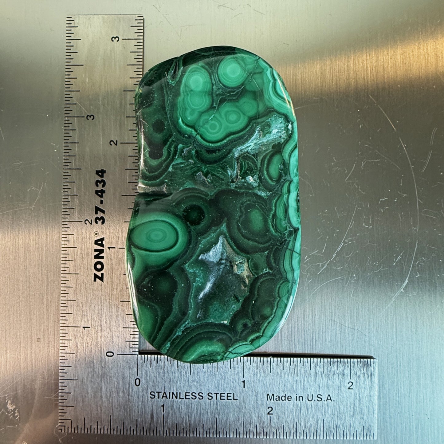 Dark green botryoidal malachite MalaColla Freeform with polished finish, placed on ruler for collectible sizing reference.