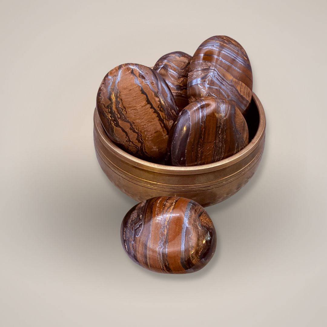 Tiger Iron Palm Stone Group in metal bowl