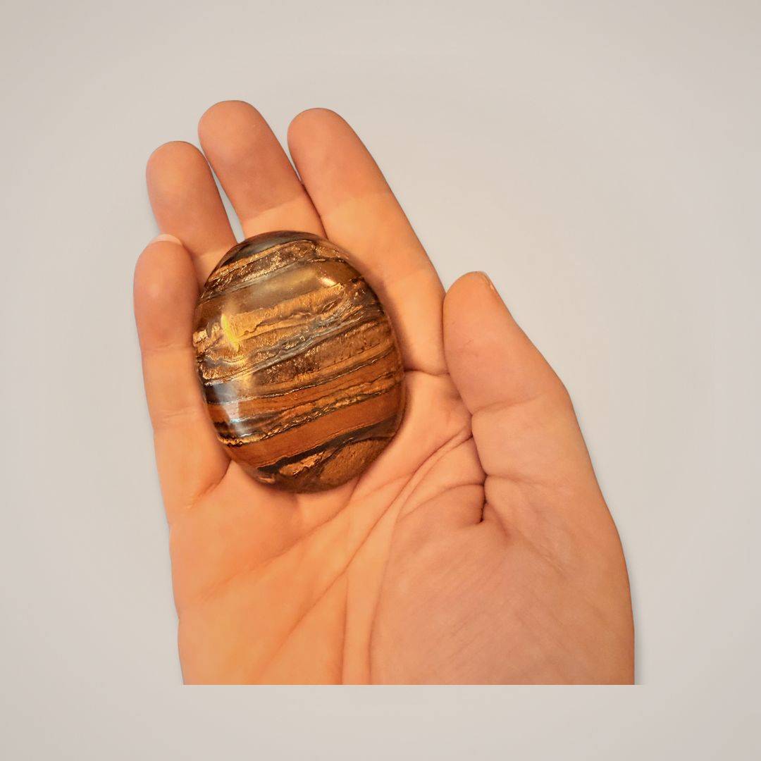 Tiger Iron Palm Stone in hand for size reference