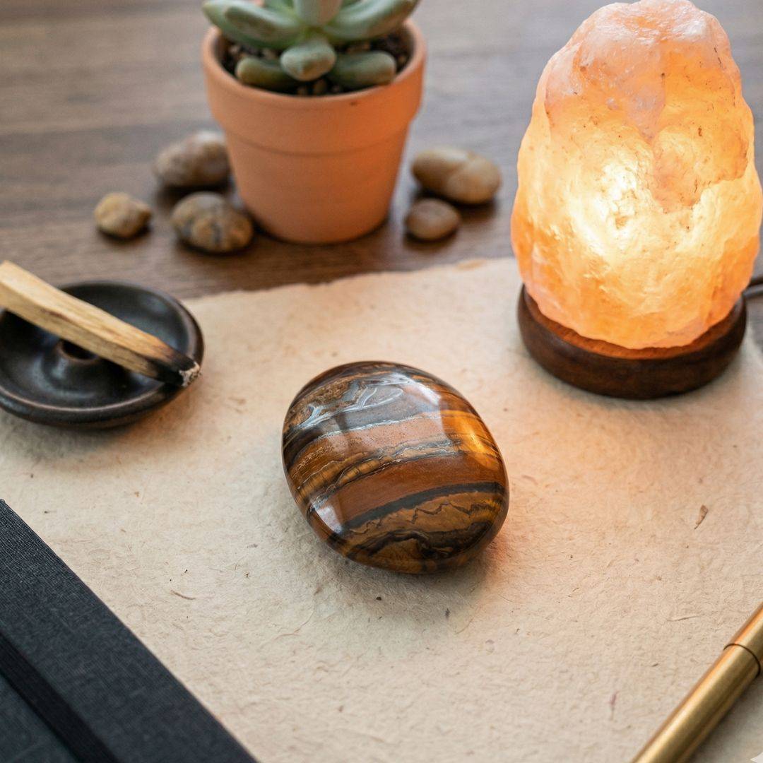 Tiger Iron Palm Stone on table with a Salt Lamp and plant