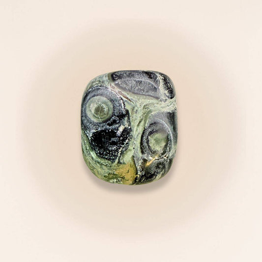 Kambaba Jasper Cube Stone - Tumbled with swirling green and black patterns, ideal for grounding and ancient wisdom in crystal collections.