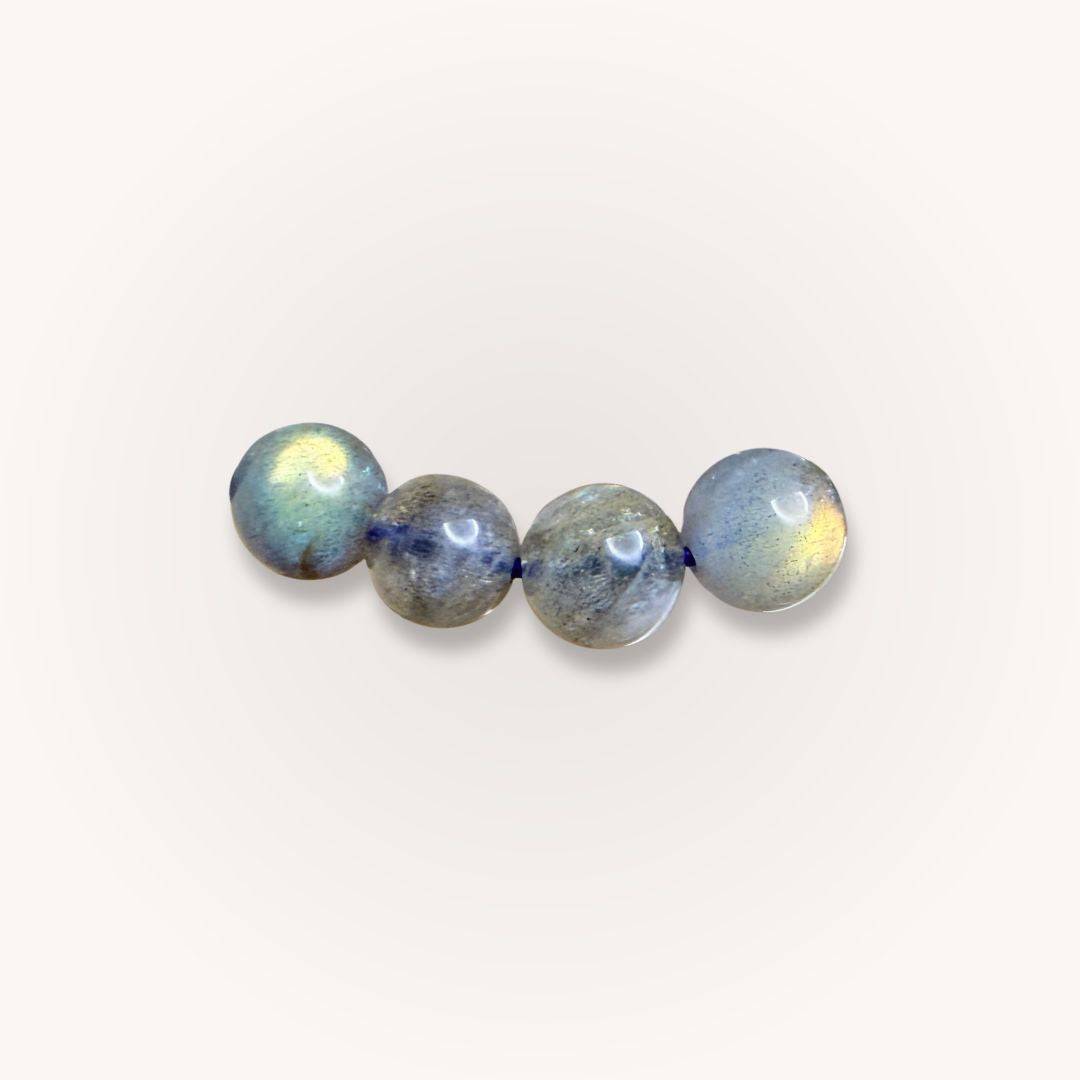 Close-up of 7mm Madagascar Labradorite beads showing iridescent flashes, part of the Intuition & Protection Jewelry collection.