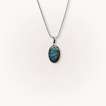 Labradorite Classic Pendant with oval gemstone on silver chain, offering intuition, protection, and clarity for daily spiritual wear.