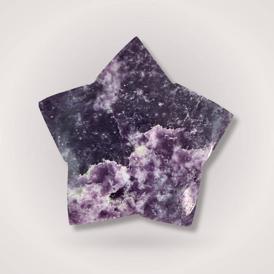 Polished Lepidolite Star Crystal Carving with deep purple and lavender hues, ideal for emotional balance and calming decor in home spaces.