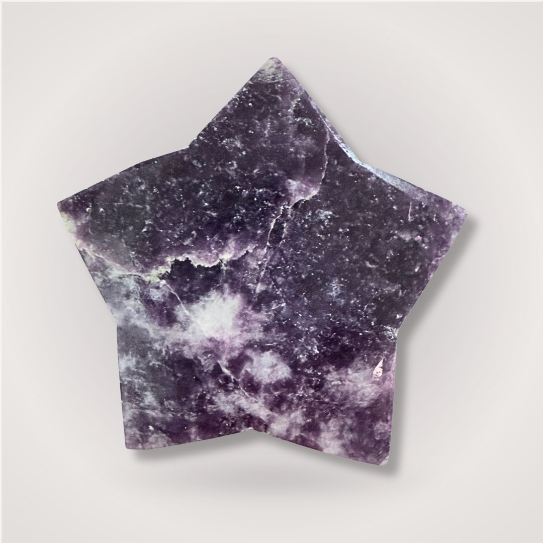 Lepidolite Star Crystal Carving with rich lithium content and natural marbling, ideal for calming energy and decorative use in any room.