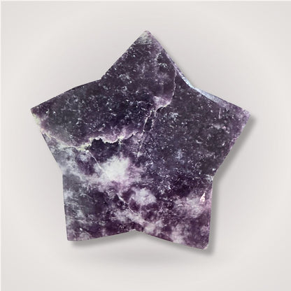 Lepidolite Star Crystal Carving with rich lithium content and natural marbling, ideal for calming energy and decorative use in any room.
