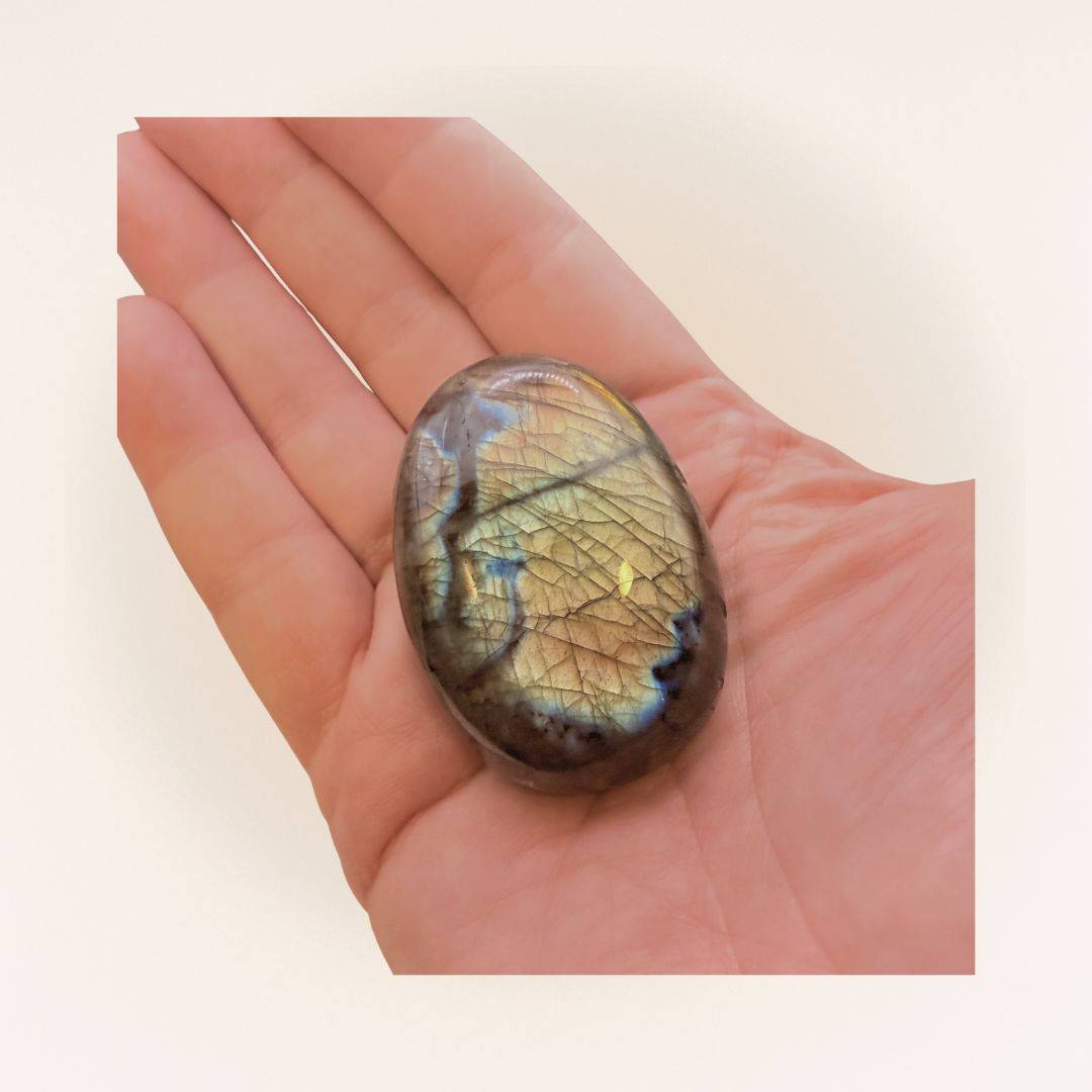 Polished medium Labradorite palm stone with golden-blue flash resting on a hand, perfect for intuitive practices and energy shielding.