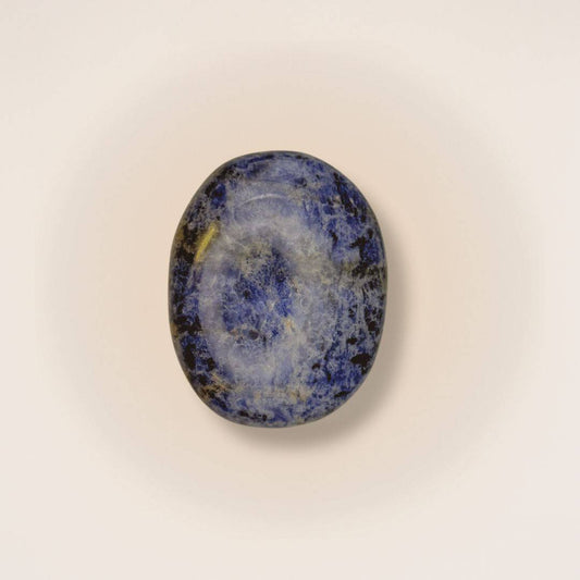 Medium Sodalite palm stone with deep blue and white marbling, polished for clarity and calm, ideal for collectors and crystal healing.