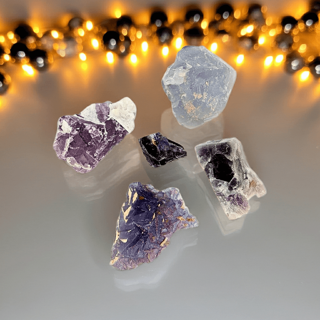 Brazilian Purple Fluorite crystal specimens in varied raw formations, ideal for clarity, focus, and spiritual alignment in gemstone collections.