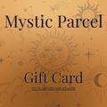 Mystic Parcel gift card with celestial designs on a gold background