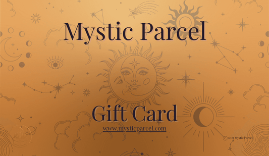 Mystic Parcel gift card with celestial designs on a gold background