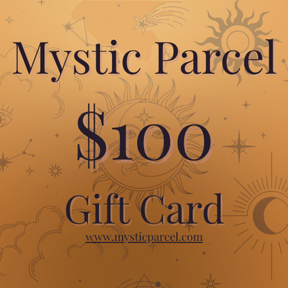 Mystic Parcel Gift Card - Perfect Energy Intuition Gift in $100 denomination with celestial design, ideal for spiritual and crystal lovers shopping online.
