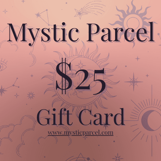 Mystic Parcel Gift Card - Perfect Energy Intuition Gift in $25 denomination with celestial design, ideal for spiritual and crystal lovers.