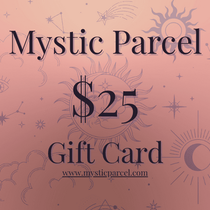 Mystic Parcel Gift Card - Perfect Energy Intuition Gift in $25 denomination with celestial design, ideal for spiritual and crystal lovers.