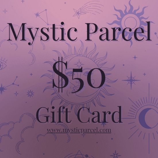 Mystic Parcel Gift Card - Perfect Energy Intuition Gift in $50 denomination, featuring celestial designs for spiritual and crystal lovers.