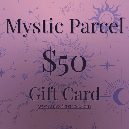 Mystic Parcel Gift Card - Perfect Energy Intuition Gift in $50 denomination, featuring celestial designs for spiritual and crystal lovers.