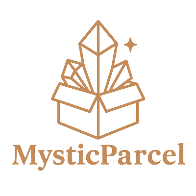 MysticParcel logo featuring an open box with crystal formations emerging and a sparkle icon above, symbolizing magical or mystical deliveries.