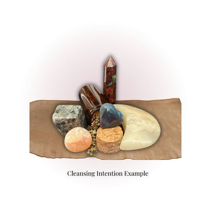 Magical Crystal Mystery Box – Crystals, Oils & Herbs | Mystic Parcel featuring a curated set of polished gemstones, crystal tower, and herbs for cleansing intentions.