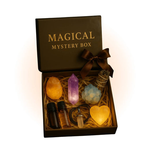Magical Crystal Mystery Box with curated crystals, oils, herbs, and gemstone decor from Mystic Parcel. Ideal for spiritual balance and gifting.