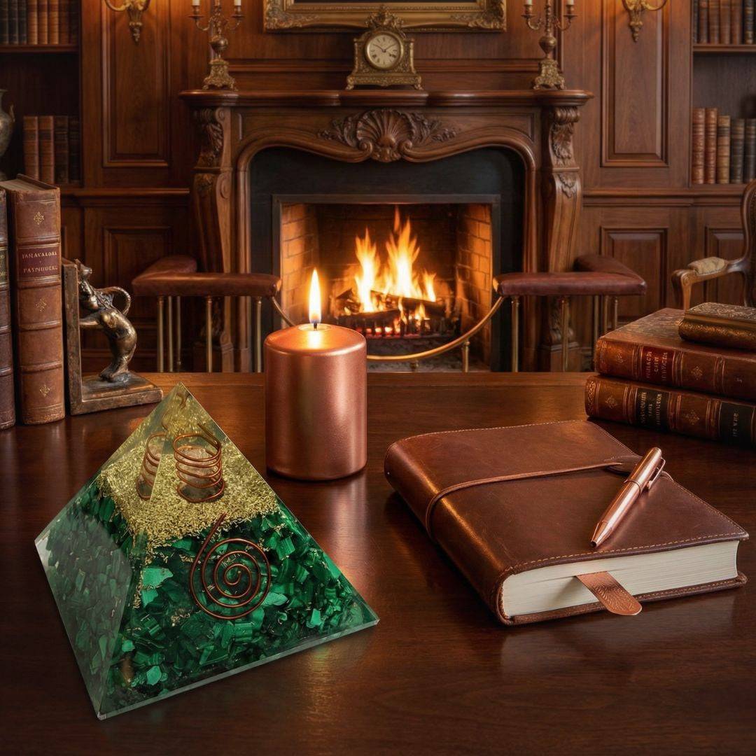 Handcrafted malachite orgonite pyramid with quartz point on a wooden desk near a candle and journal, enhancing cozy home decor and spiritual ambiance.