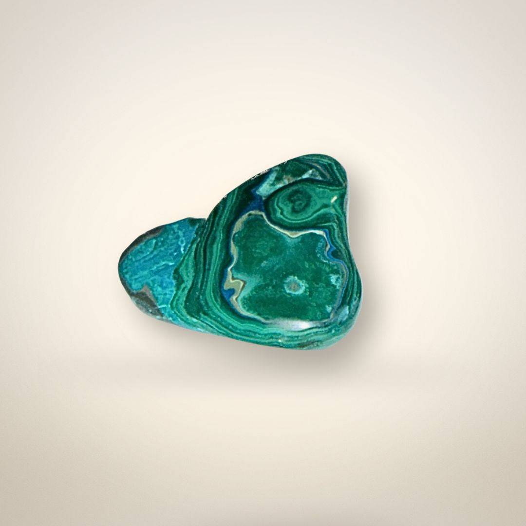 Heart-shaped Malacholla Freeform specimen with layered green and blue mineral patterns, ideal for balance and protection.