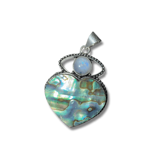 Rainbow Moonstone Evil Eye & Abalone Heart Pendant featuring a sterling silver setting with iridescent abalone shell and protective moonstone eye.