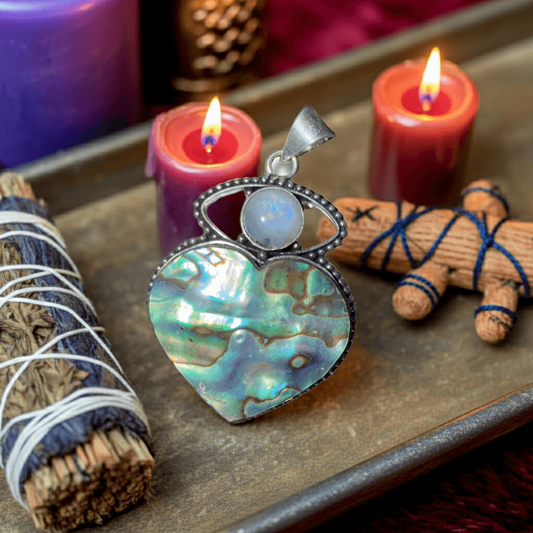Rainbow Moonstone Evil Eye & Abalone Heart Pendant with sterling silver setting, displayed on a ritual tray with candles and smudge stick for love protection.