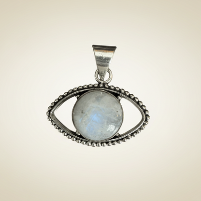 Rainbow Moonstone Evil Eye Pendant in sterling silver with beaded detailing, symbolizing protection and intuition for spiritual clarity.
