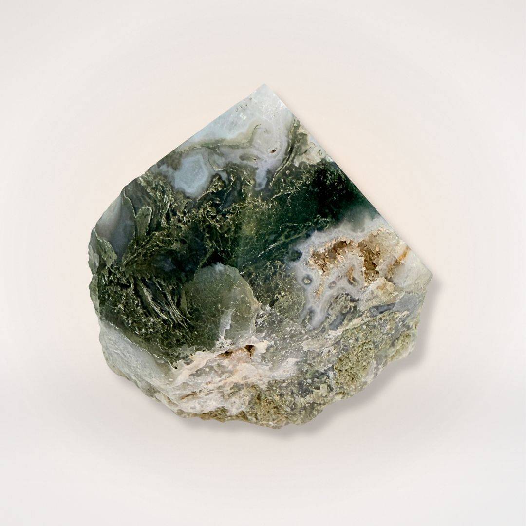 Moss Agate top polish natural sided point tower with green and white patterns, ideal for grounding and emotional balance in gemstone collections.