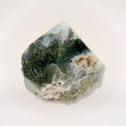Moss Agate top polish natural sided point tower with green and white patterns, ideal for grounding and emotional balance in gemstone collections.