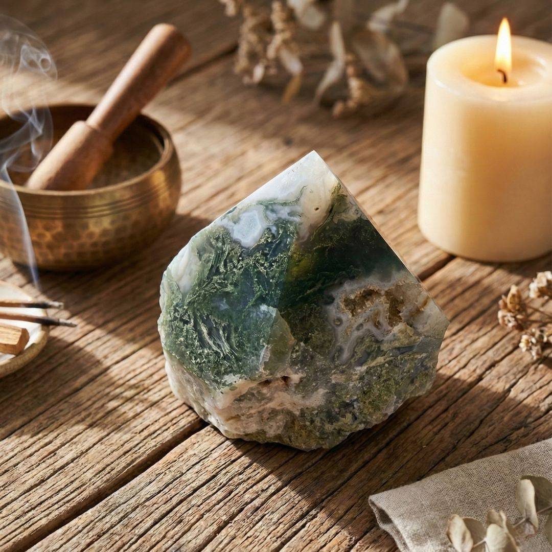 Moss Agate top polish natural sided point displayed in a rustic setting with candle and incense, perfect for meditation and grounding rituals.