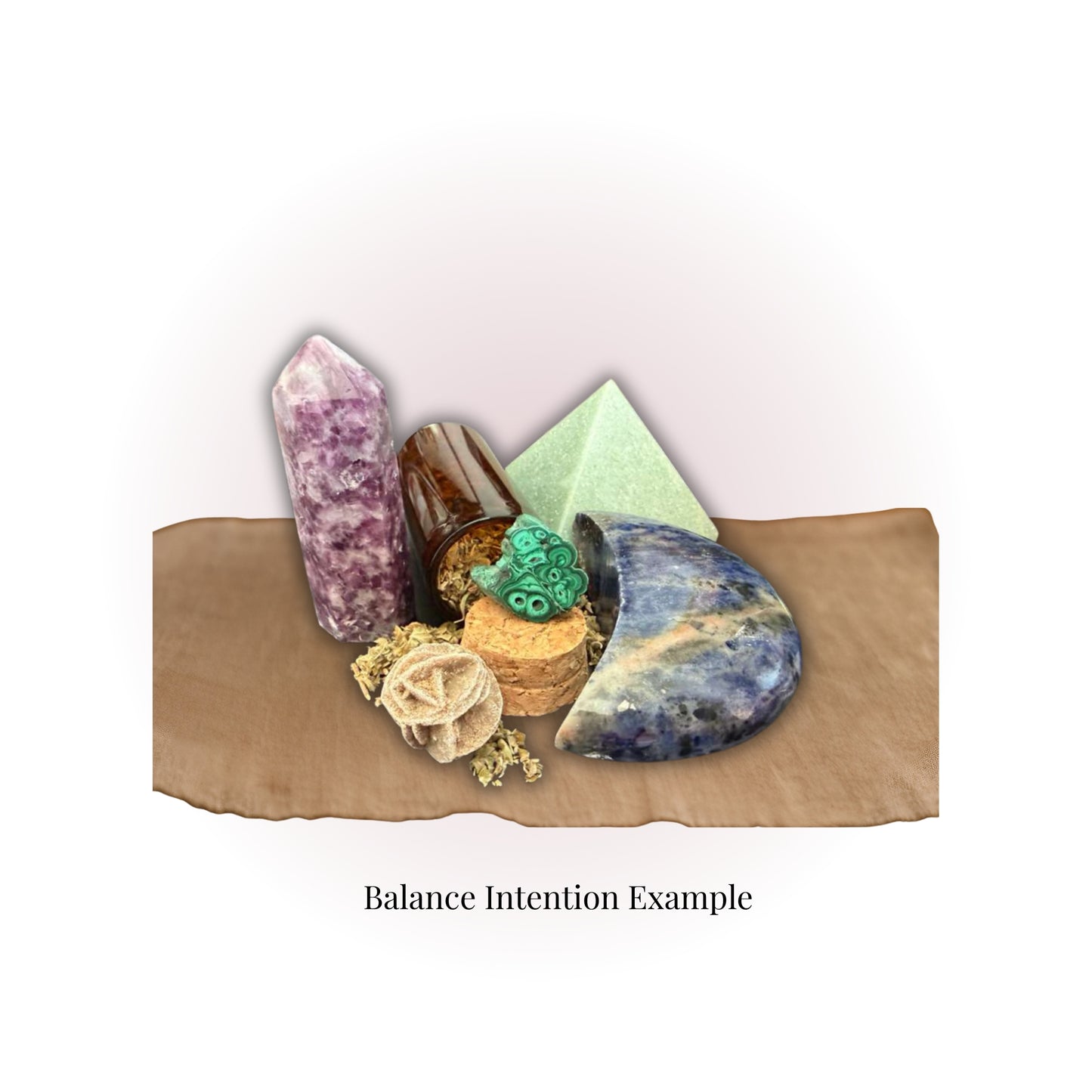 Mystical Crystal Mystery Box for Balance Intention featuring premium ritual tools like polished gemstones, crystal towers, and a crescent moon bowl.