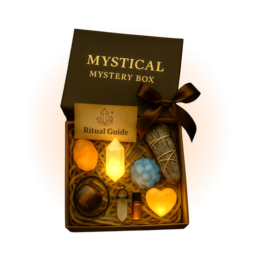 Mystical mystery box with various items including candles, crystals, and a ritual guide.