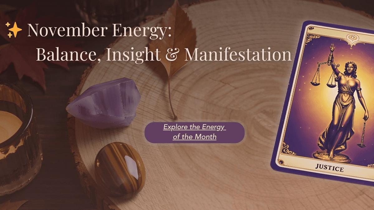 Tarot card titled 'Justice' with November Energy theme on a wooden surface.