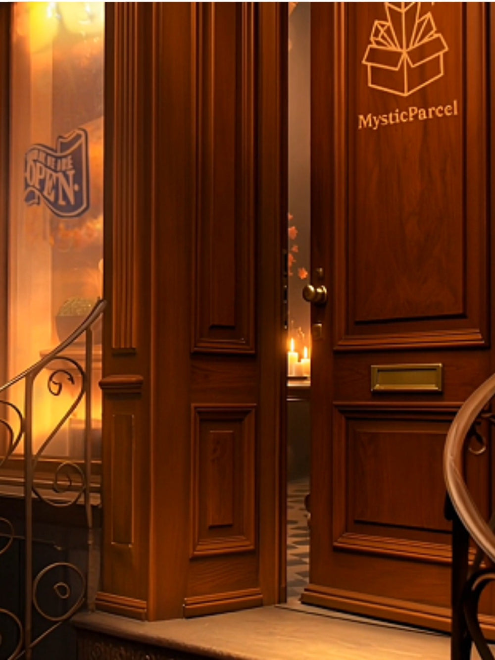 Wooden door with 'MysticParcel' logo, candlelit interior, and 'Open' sign.