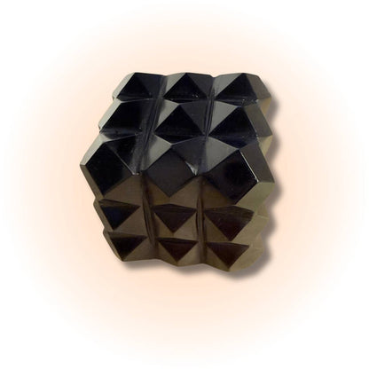 Obsidian Cube - Sacred Geometry for protection and grounding, featuring polished volcanic glass with geometric pyramid facets for energy work.