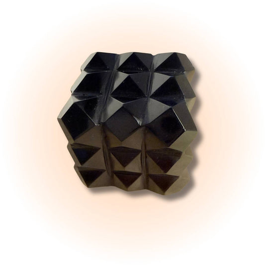 Obsidian Cube - Sacred Geometry for protection and grounding, featuring polished volcanic glass with geometric pyramid facets for energy work.