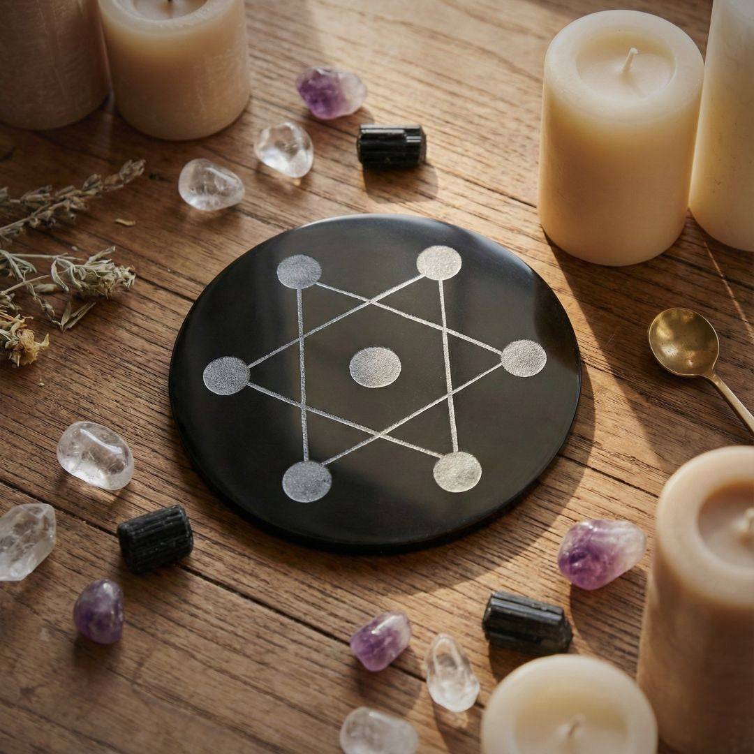 Obsidian hexagram crystal grid plate 80mm surrounded by candles and crystals, ideal for energy shielding and intention setting in ritual spaces.