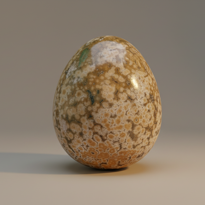 Honey Ocean Jasper Egg with rare orbicular patterns, hand-polished for collectors seeking joyful renewal energy and emotional balance. Front View.
