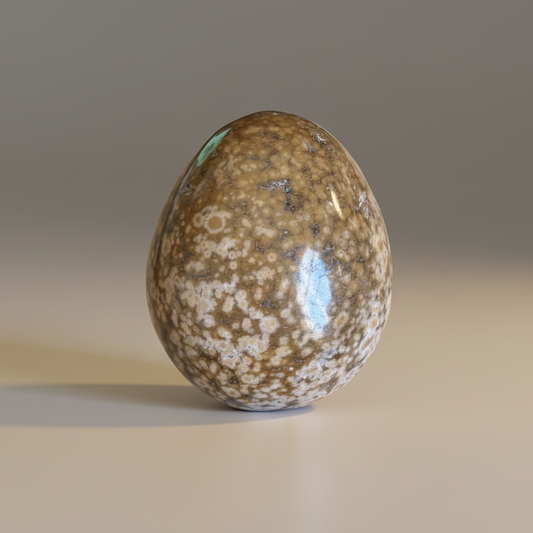 Honey Ocean Jasper Egg with orbicular fossil patterns, hand-polished collectible stone for joyful renewal and emotional balance. Back View.