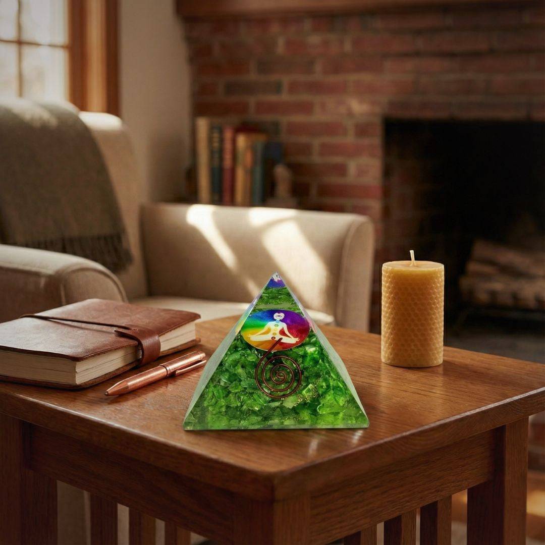 Artisan Green Quartz Chakra Orgonite Pyramid displayed on a wooden table in a cozy living room, enhancing sacred space ambiance.