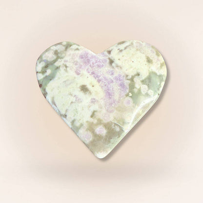 Lavender and green Peace Jade heart palm stone featuring stichtite and serpentine patterns, ideal for calming energy and compassion.