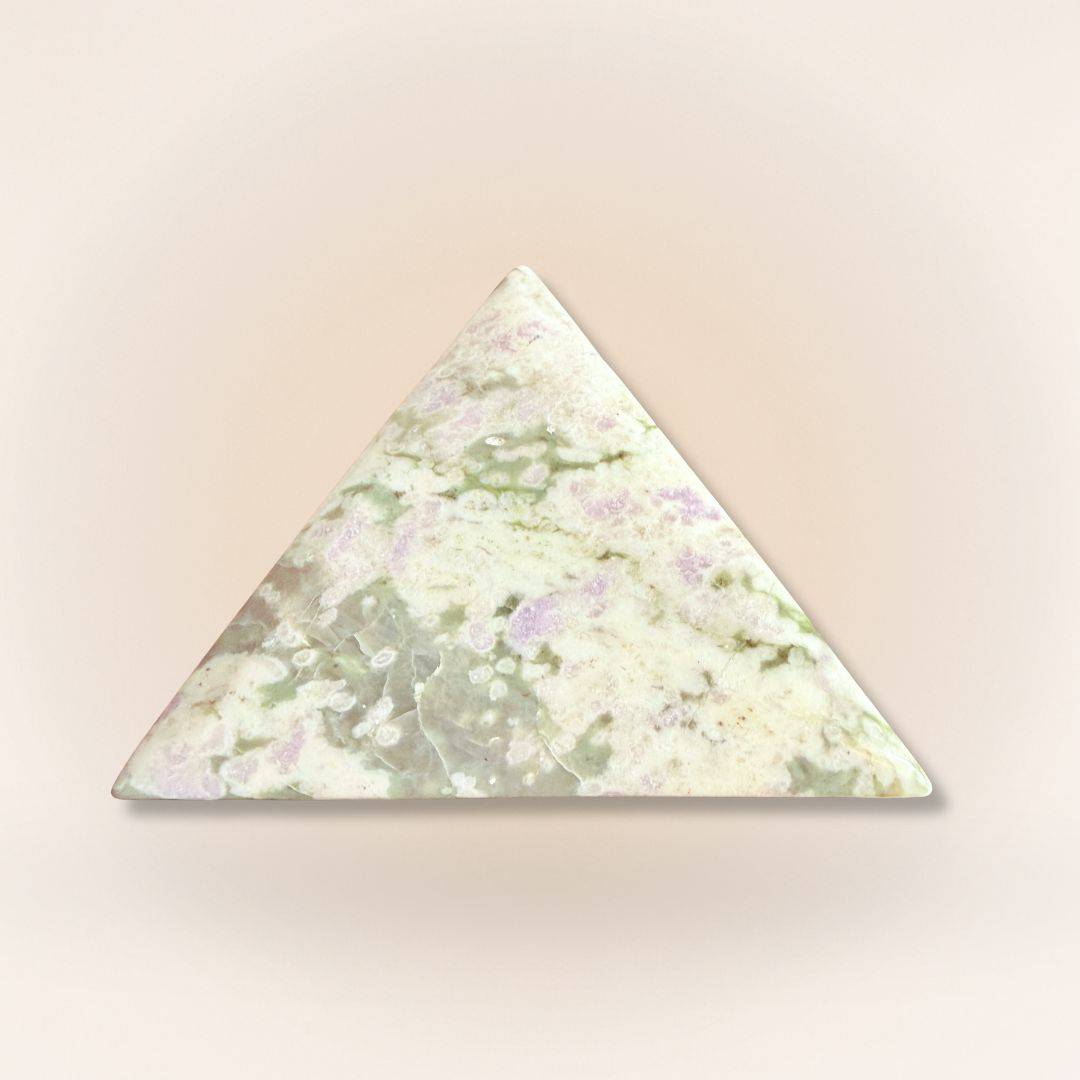 Triangle-shaped Peace Jade palm stone with green and lavender serpentine and stichtite, ideal for grounding and emotional support.